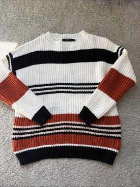 Crewneck Striped Sweater - White, Black & Rust